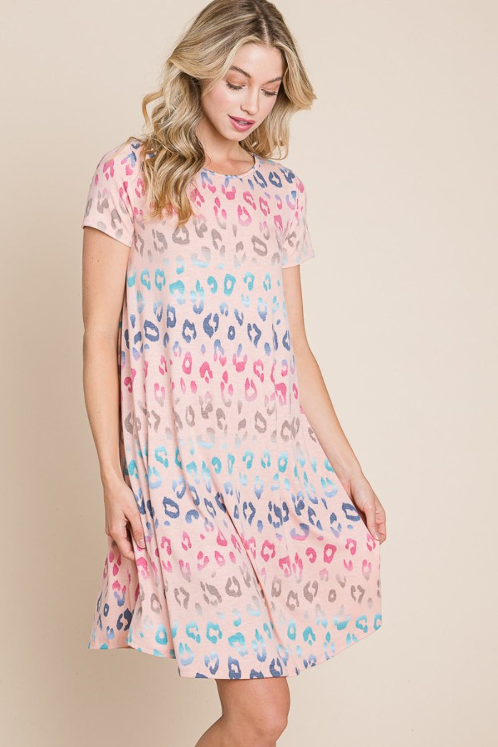 BOMBOM Leopard Round Neck Short Sleeve Dress - FabFemina