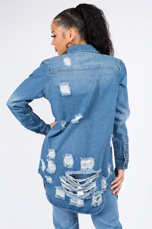 American Bazi Distressed Button Down Denim Shirt Jacket - FabFemina