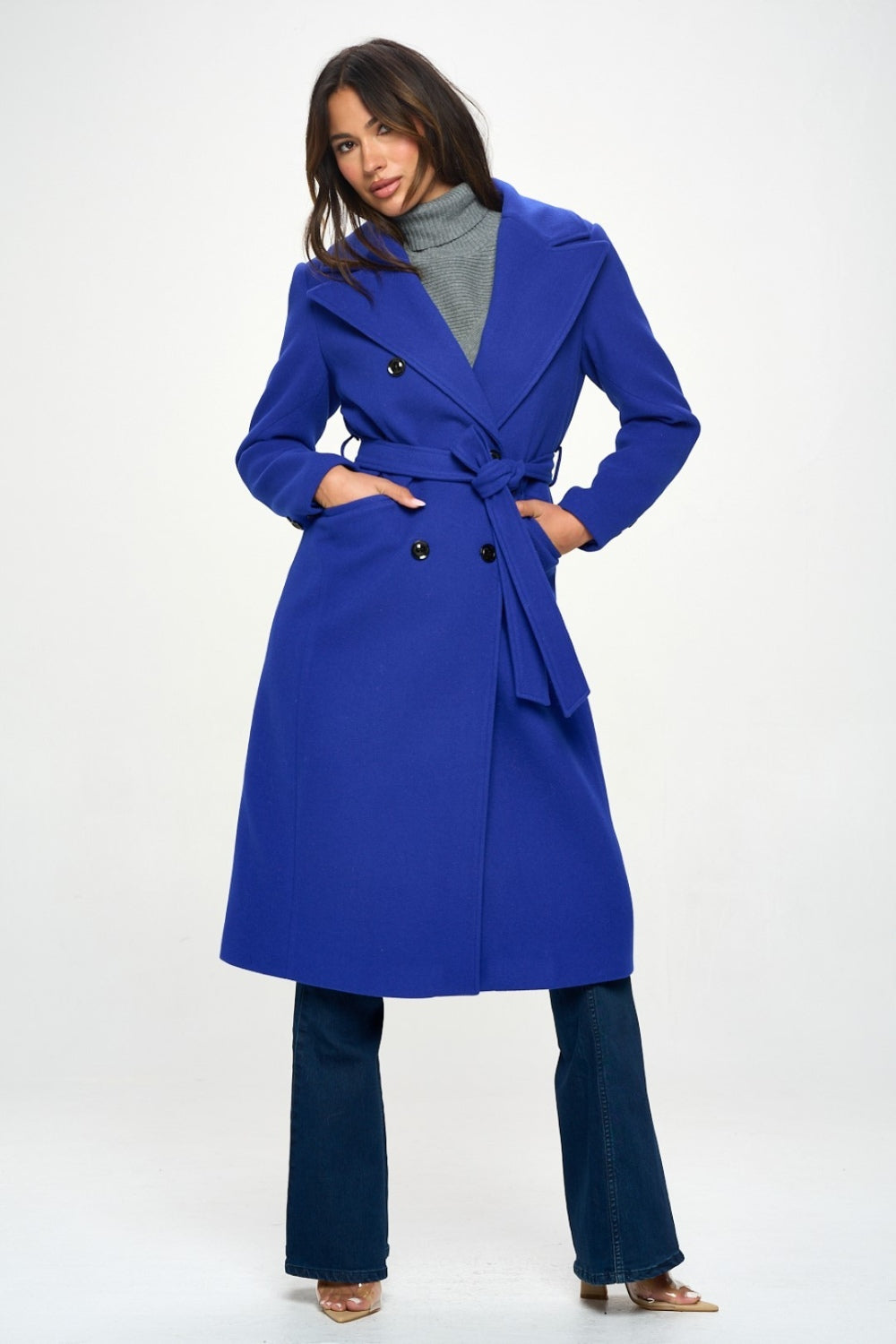 Coalition LA Double-Breasted Longline Coat with Belt - FabFemina