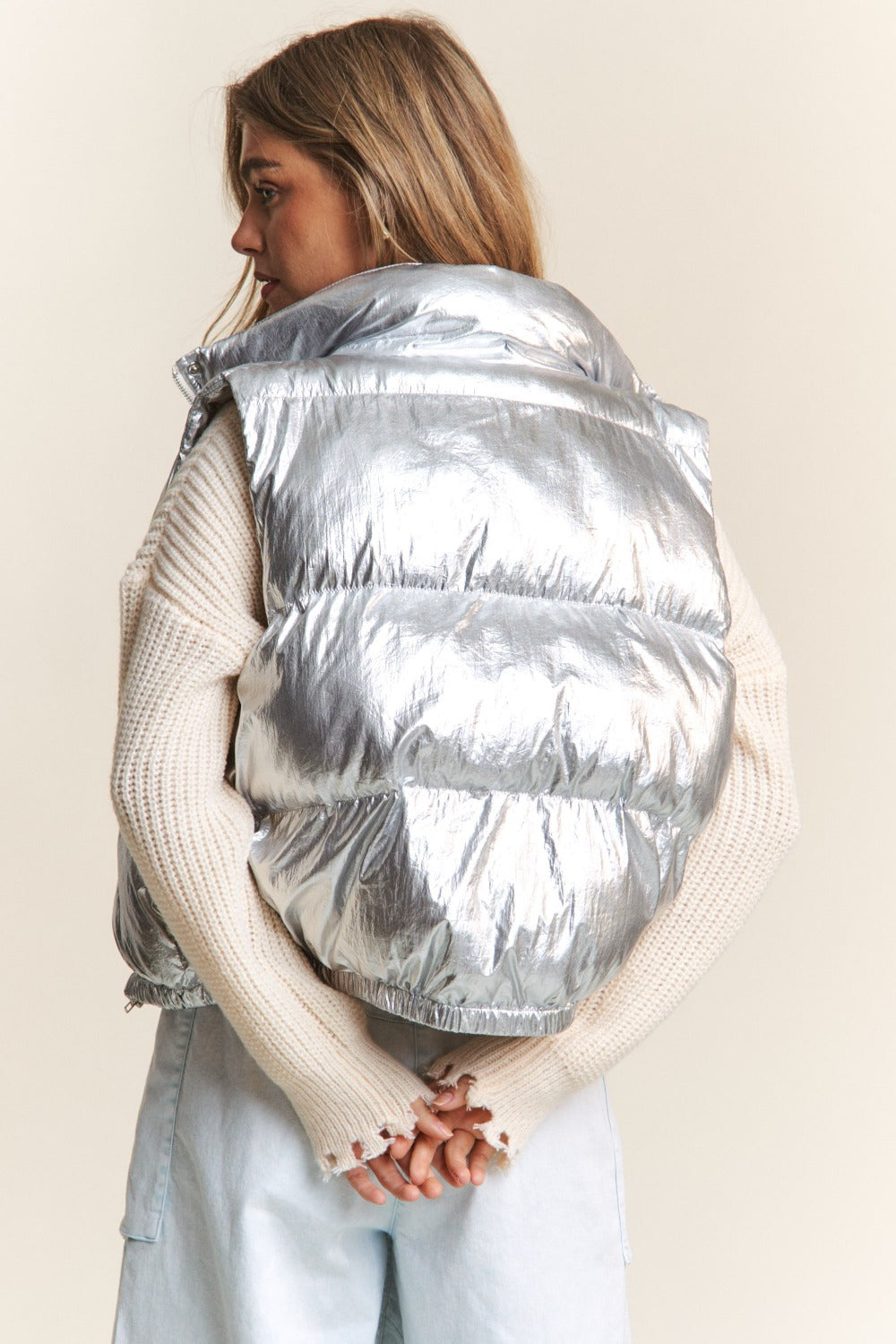 J.NNA Snap and Zipper Shiny Metallic Puffer Vest - FabFemina