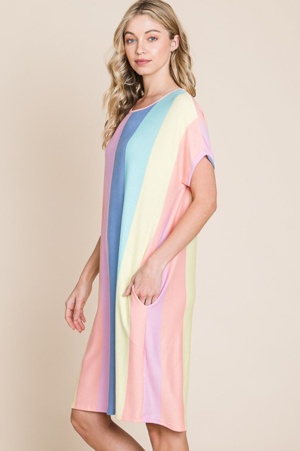 BOMBOM Striped Short Sleeve Dress with Pockets - FabFemina