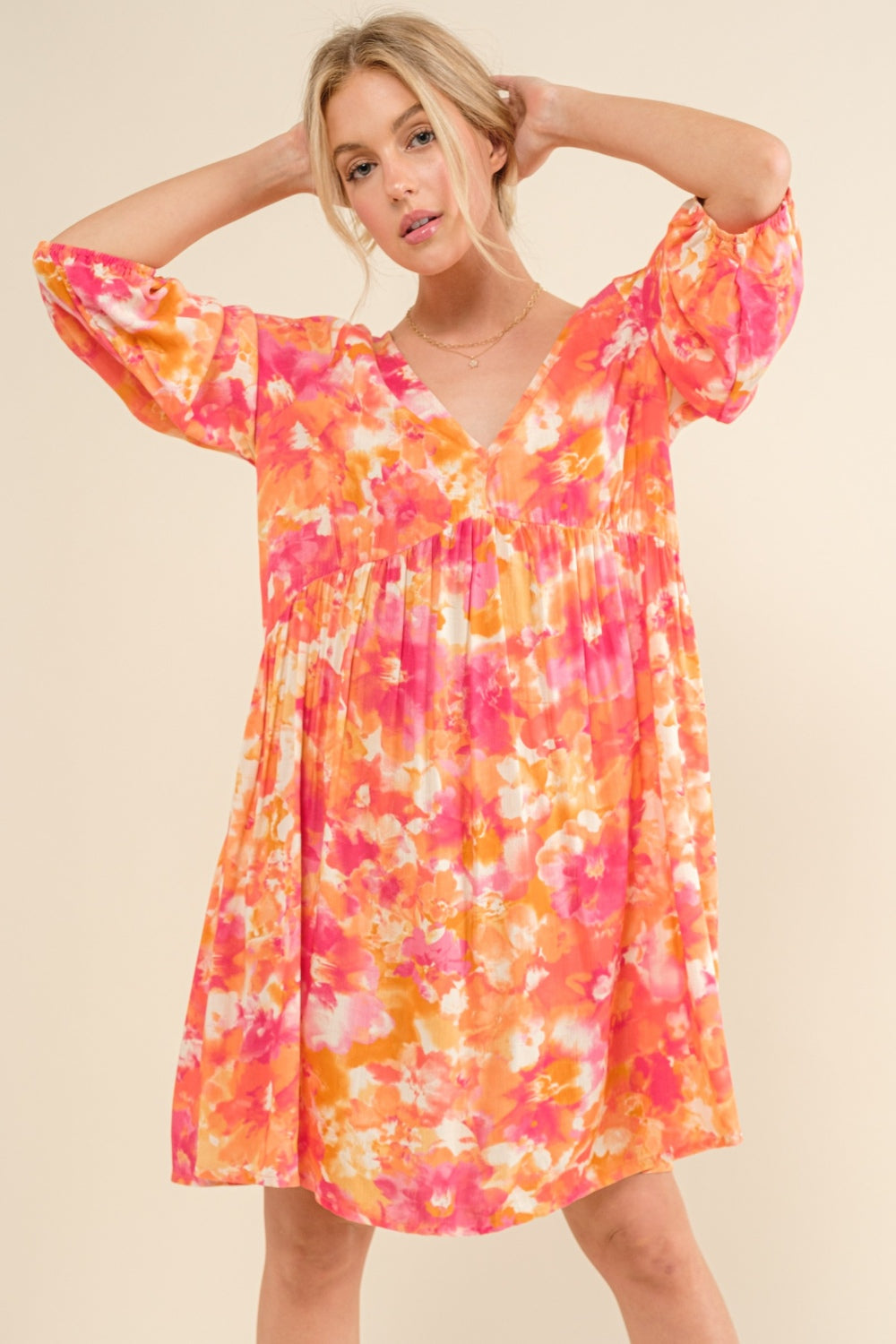 And The Why Full Size Printed Tie Back Long Sleeve Dress - FabFemina