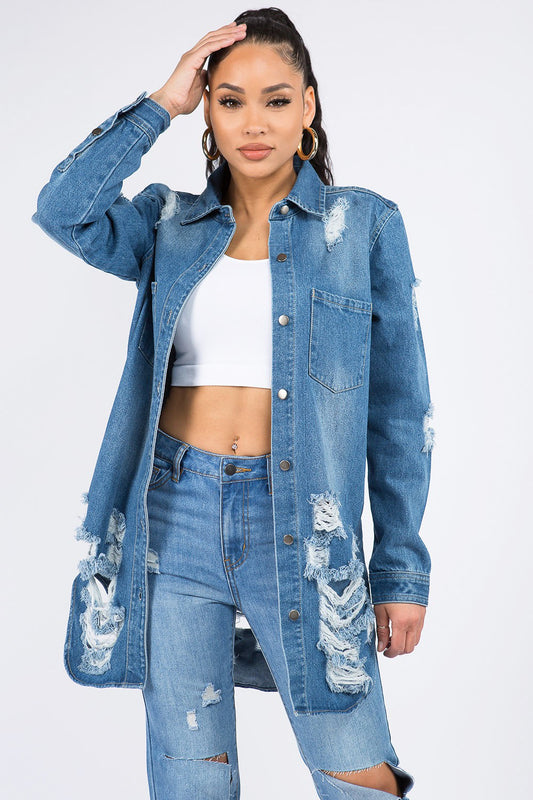 American Bazi Distressed Button Down Denim Shirt Jacket - FabFemina