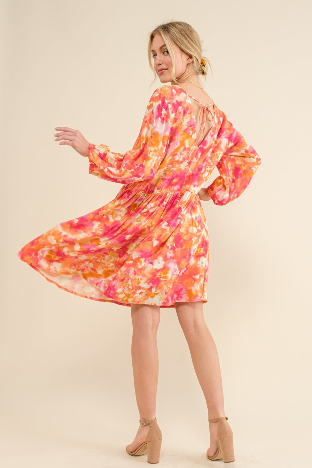 And The Why Full Size Printed Tie Back Long Sleeve Dress - FabFemina