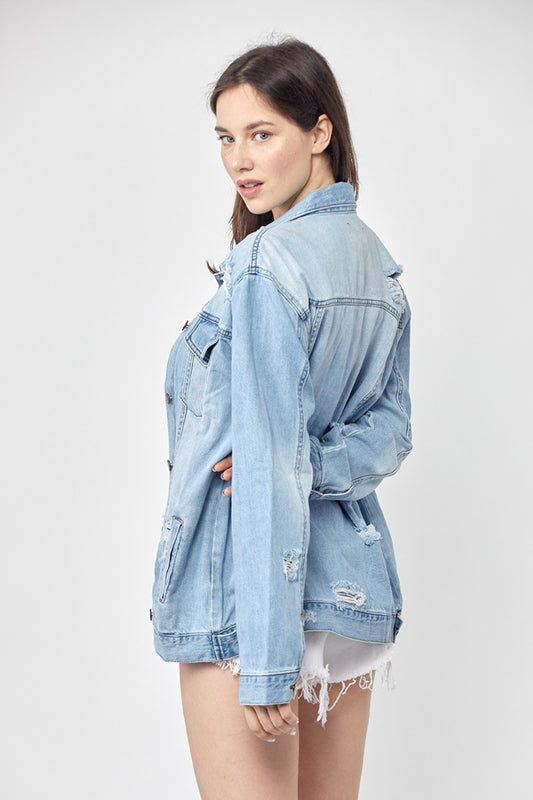 RISEN Full Size Distressed Long Sleeve Denim Jacket - FabFemina