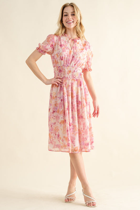 And The Why Full Size Smocked Waist Printed Midi Dress - FabFemina