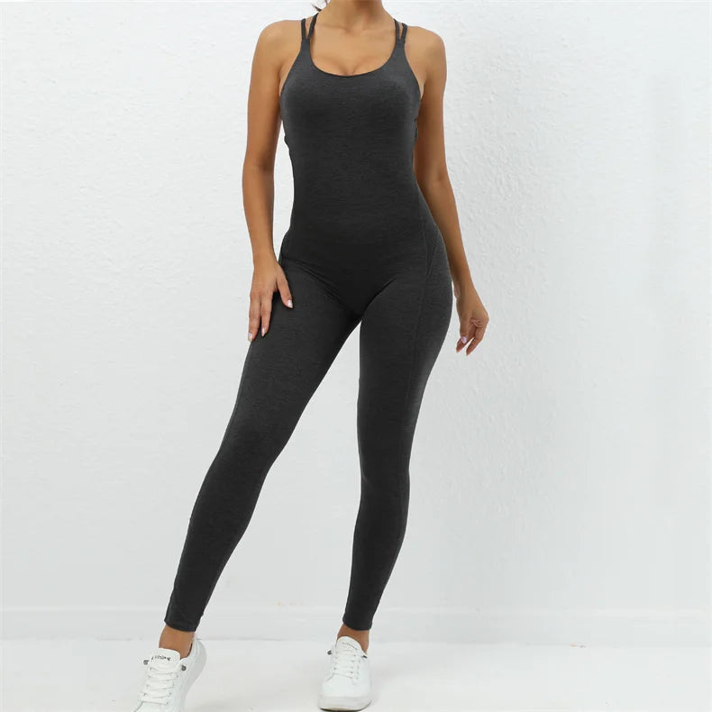 Women Yoga Backless Jumpsuit Fitness Catsuit Bodysuit Sportswear Scrunch Booty Leggings Workout Sexy One Piece Sets Gym Clothing - FabFemina