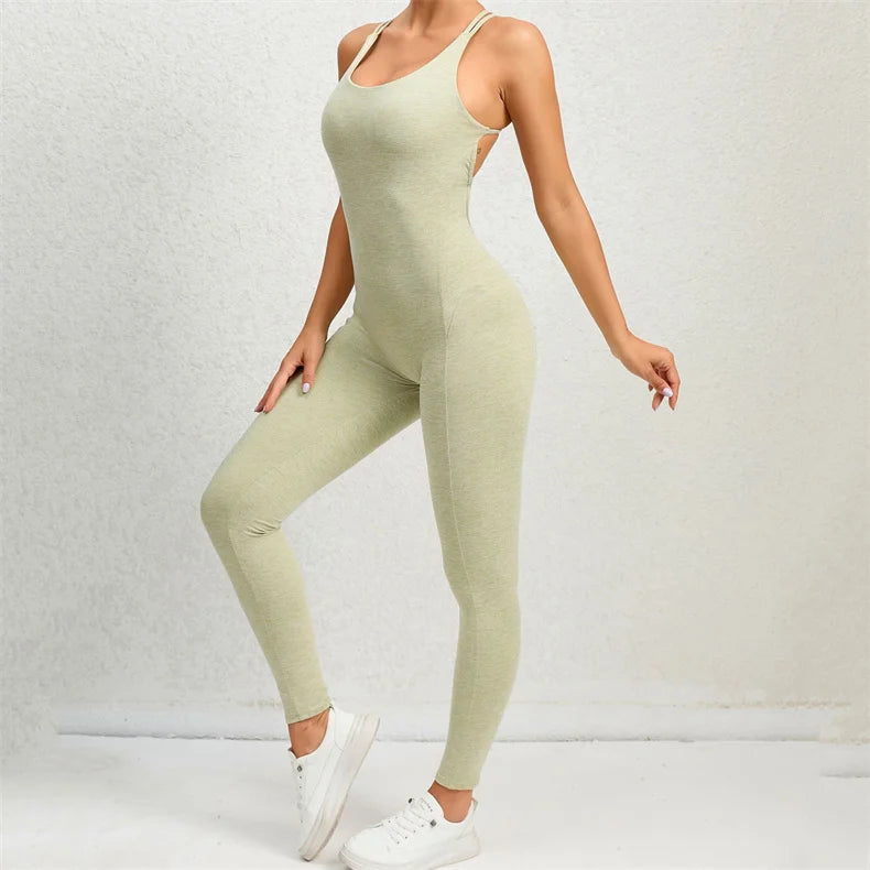 Women Yoga Backless Jumpsuit Fitness Catsuit Bodysuit Sportswear Scrunch Booty Leggings Workout Sexy One Piece Sets Gym Clothing - FabFemina