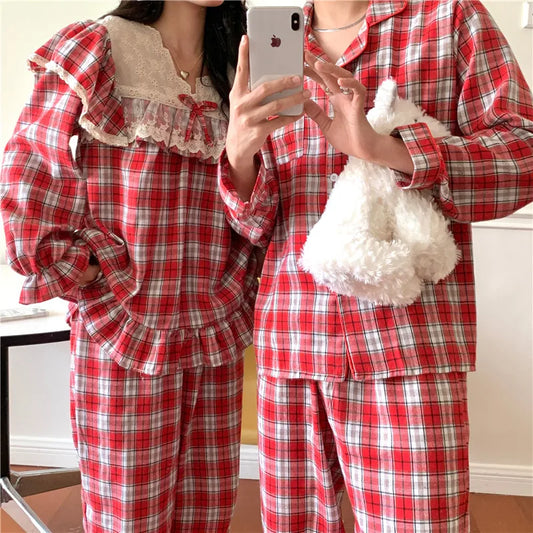 Loose Casual Couple Pajamas Sweet Lace Vintage Red Plaid Thick Nightwear Autumn Winter Princess Style Christmas Homewear D711 - FabFemina