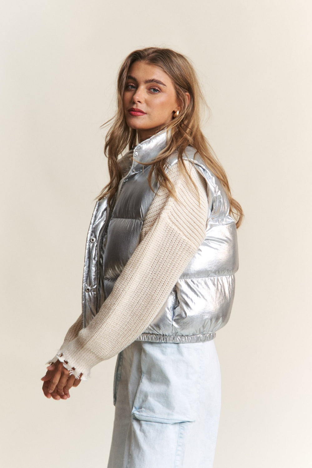 J.NNA Snap and Zipper Shiny Metallic Puffer Vest - FabFemina