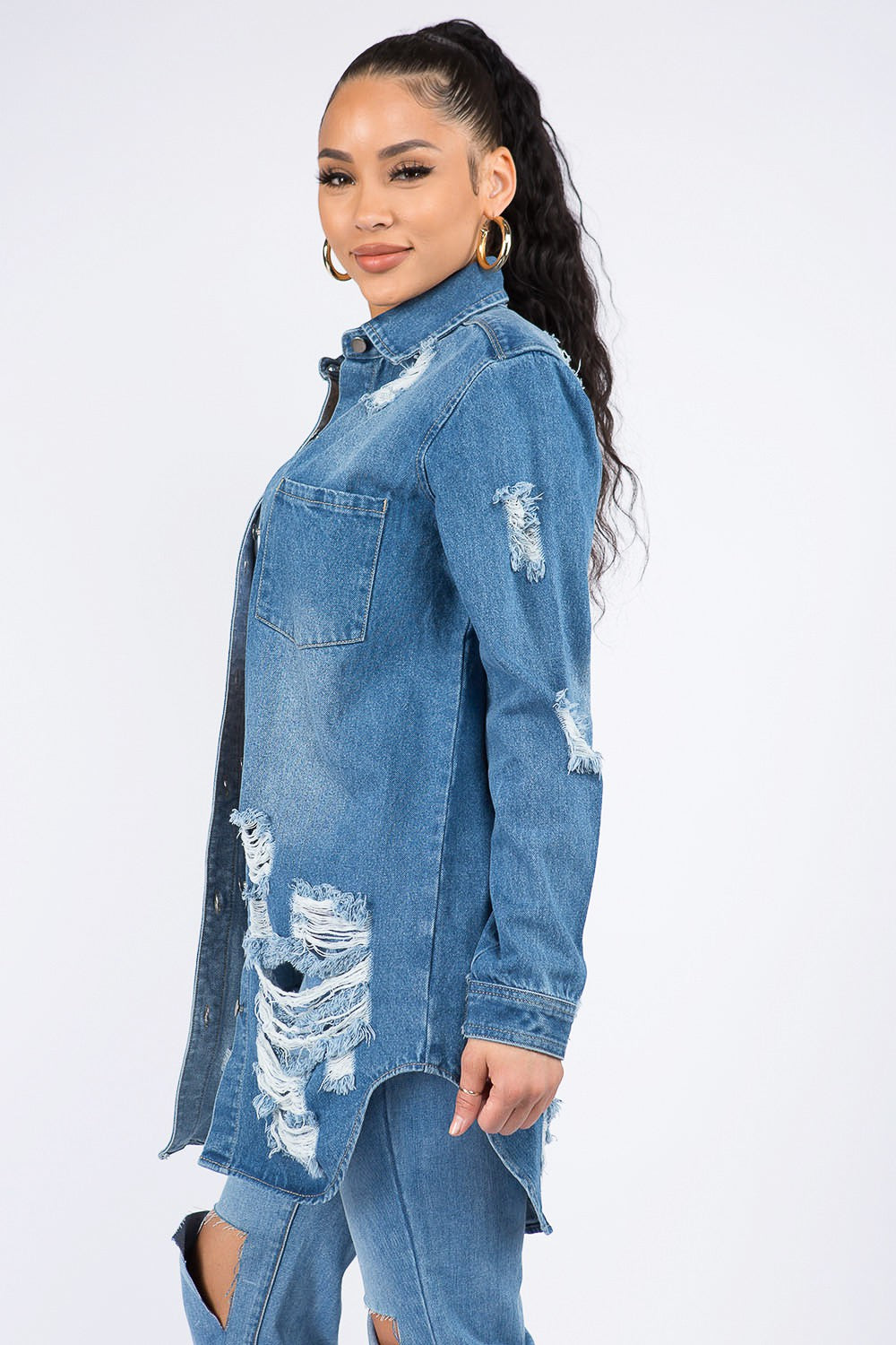 American Bazi Distressed Button Down Denim Shirt Jacket - FabFemina