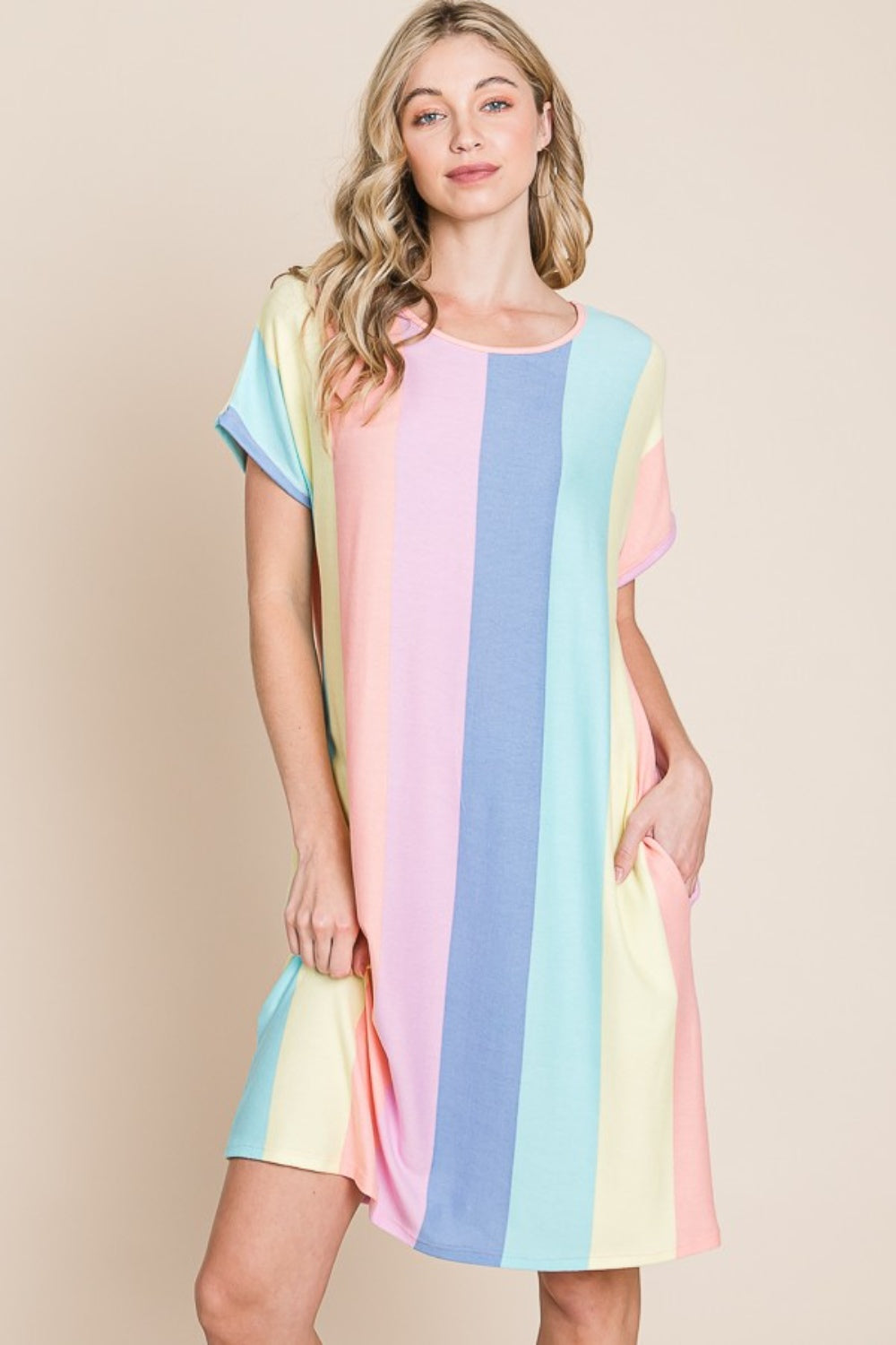 BOMBOM Striped Short Sleeve Dress with Pockets - FabFemina