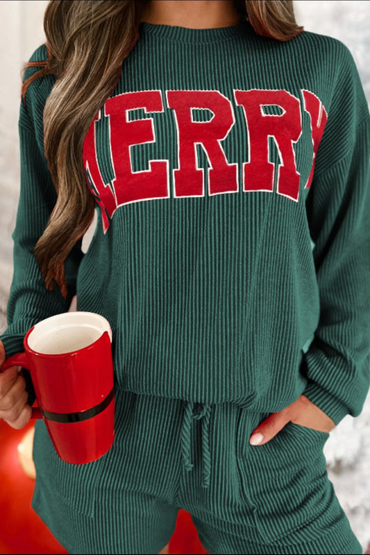 MERRY Round Neck Long Sleeve Top and Shorts Set Christmas - FabFemina