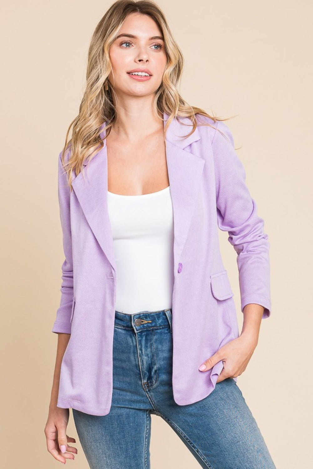 Culture Code Button Up Long Sleeve Slit Blazer - FabFemina