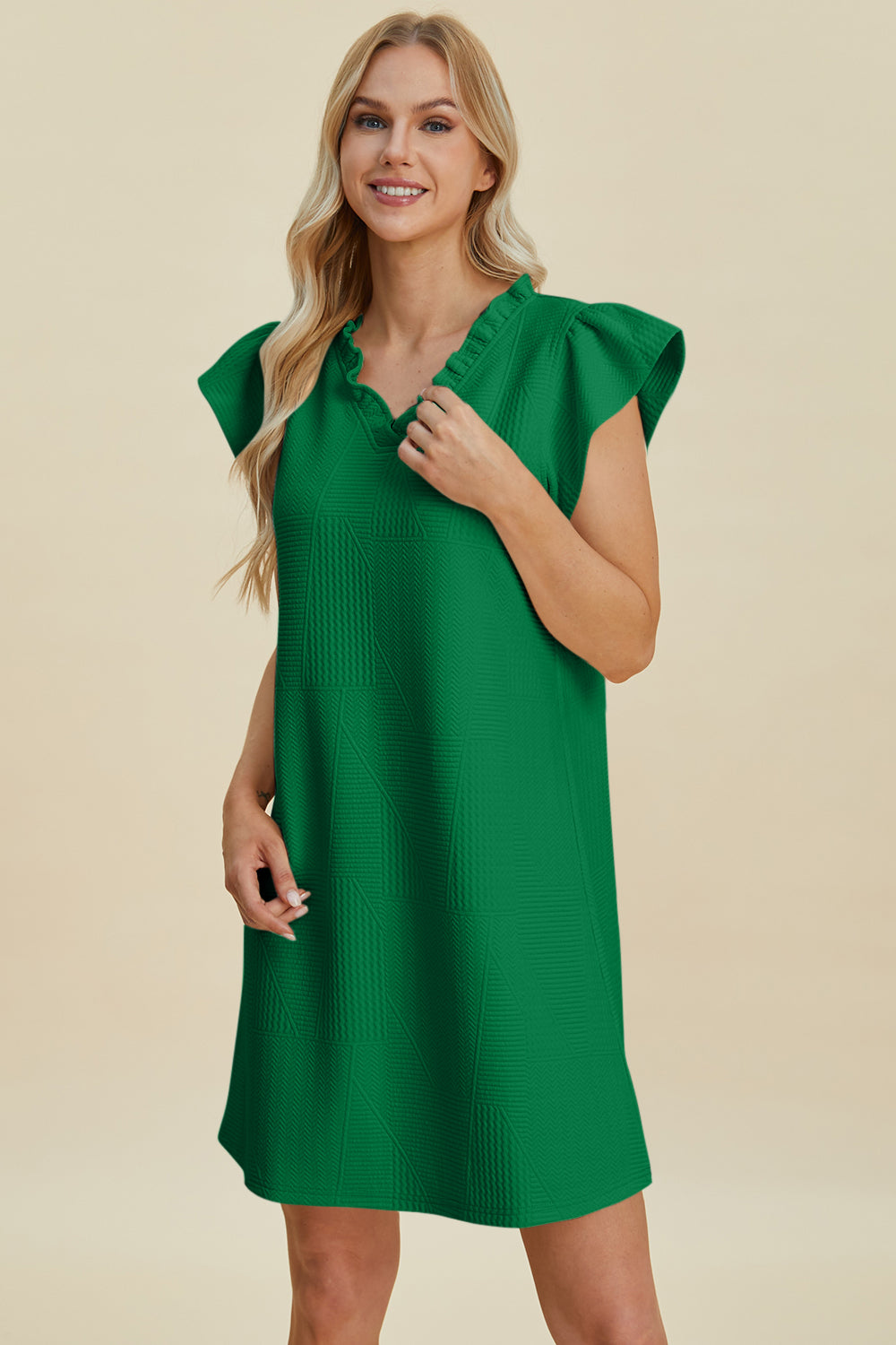 Double Take Full Size Ruffled V-Neck Cap Sleeve Dress - FabFemina