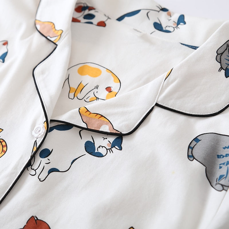 Short Sleeve Pajama Shorts Suit New Summer Cartoon Cotton Loungewear Home Suit Female Sleepwear Cat Pint Pajamas Homewear - FabFemina