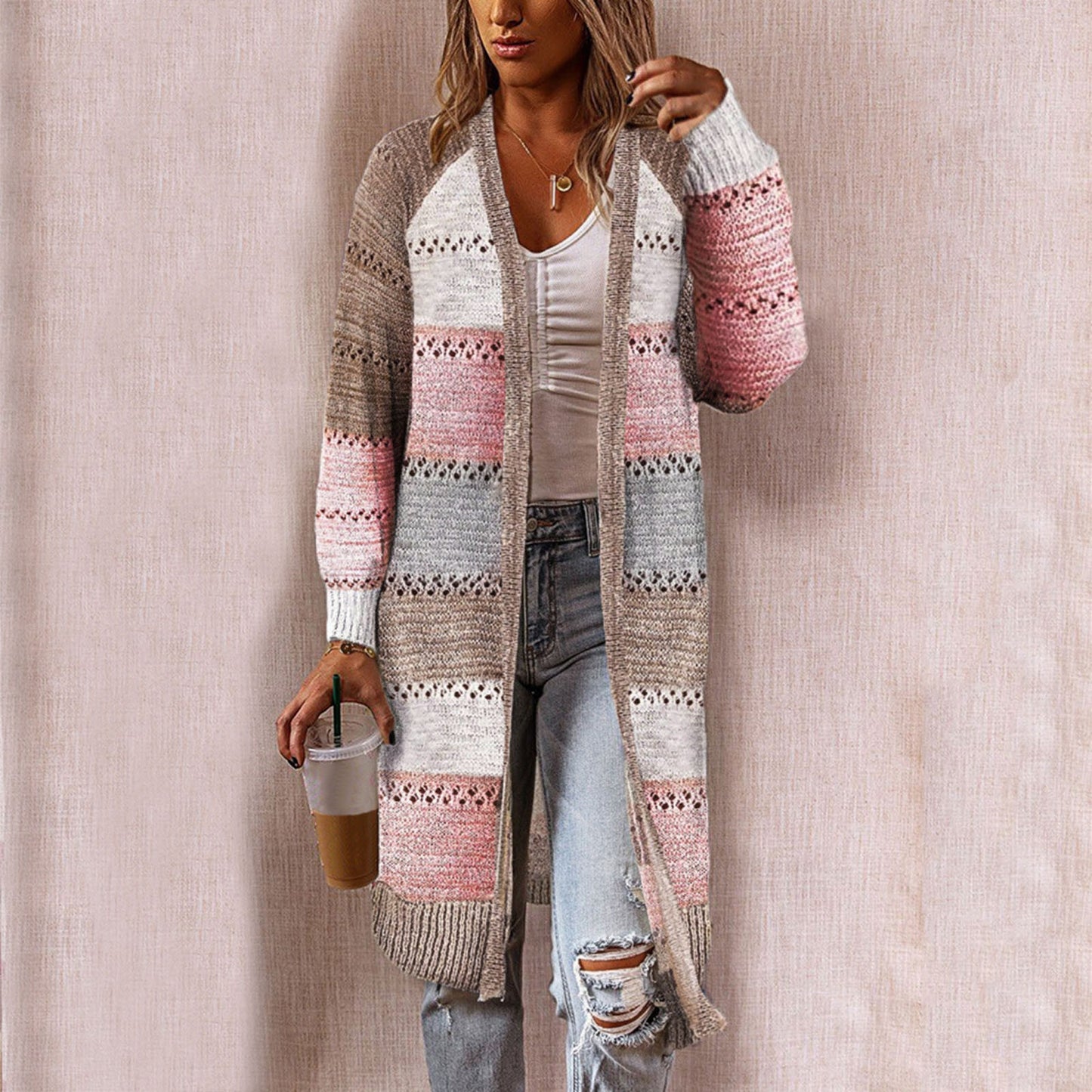 Women Cardigan Comfy Stylish Stitching Long Sleeve Striped Patchwork Sweater Female Casual Long Cardigan Autumn Winter Tops - FabFemina