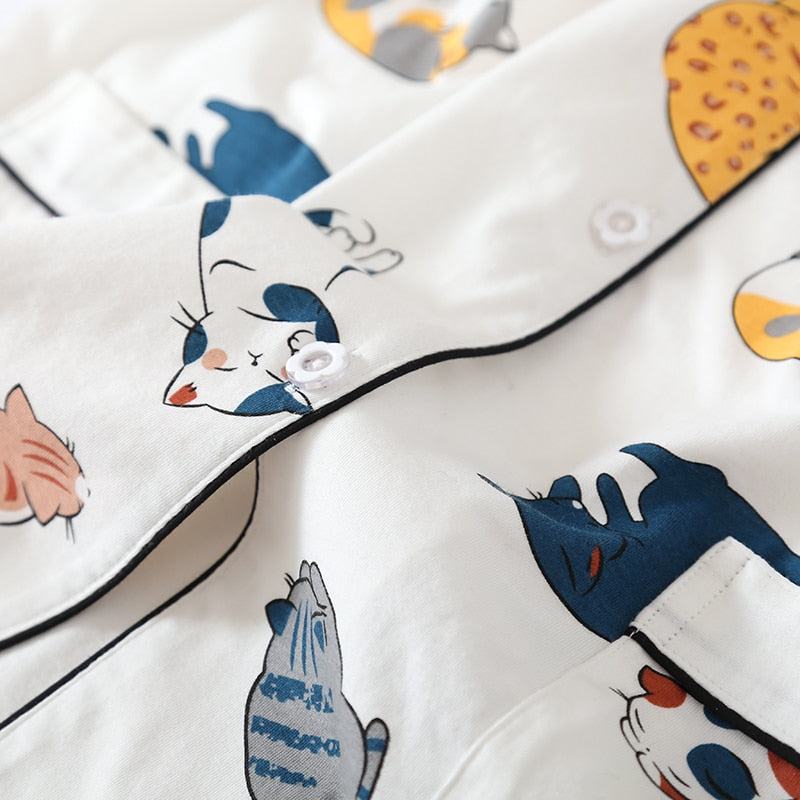 Short Sleeve Pajama Shorts Suit New Summer Cartoon Cotton Loungewear Home Suit Female Sleepwear Cat Pint Pajamas Homewear - FabFemina