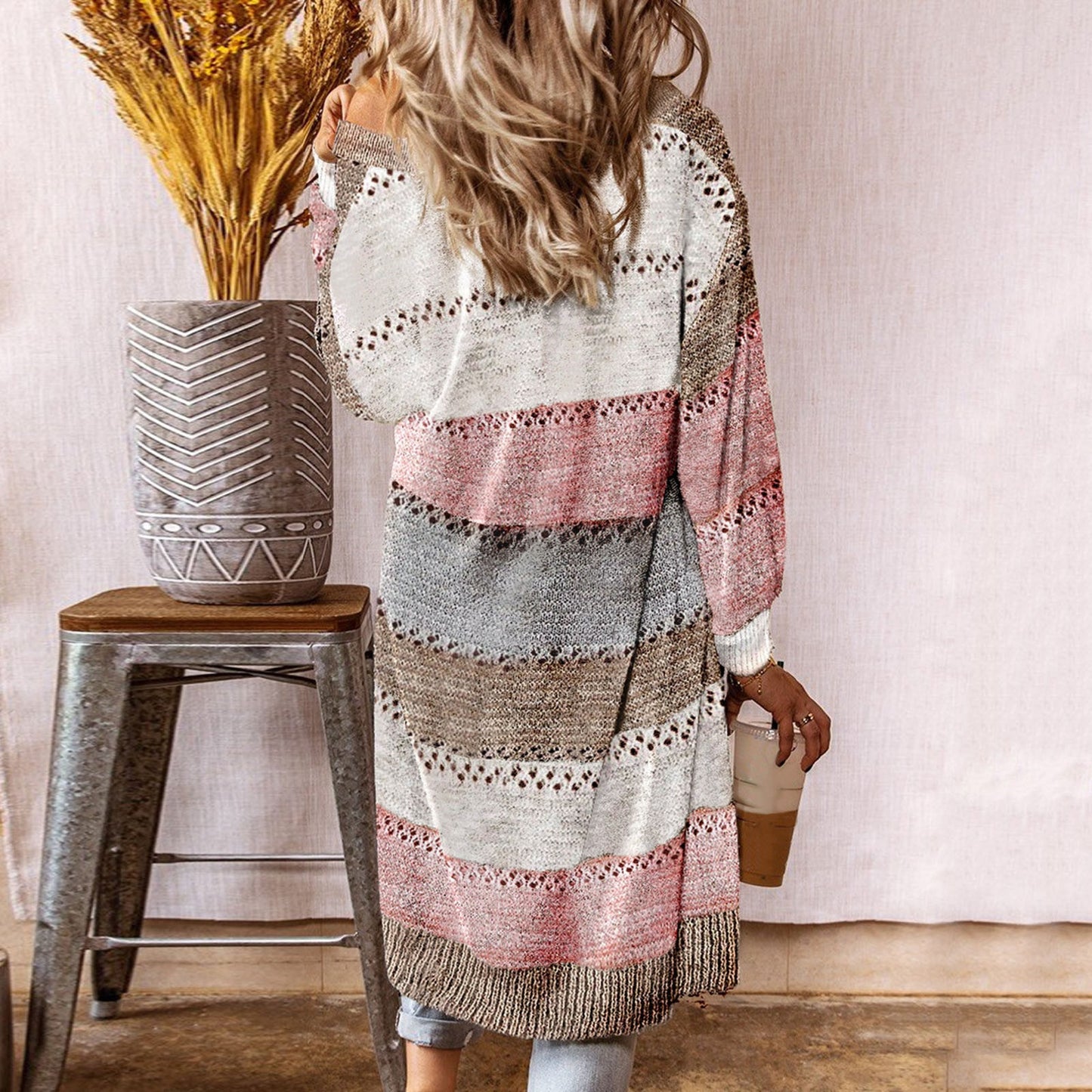 Women Cardigan Comfy Stylish Stitching Long Sleeve Striped Patchwork Sweater Female Casual Long Cardigan Autumn Winter Tops - FabFemina