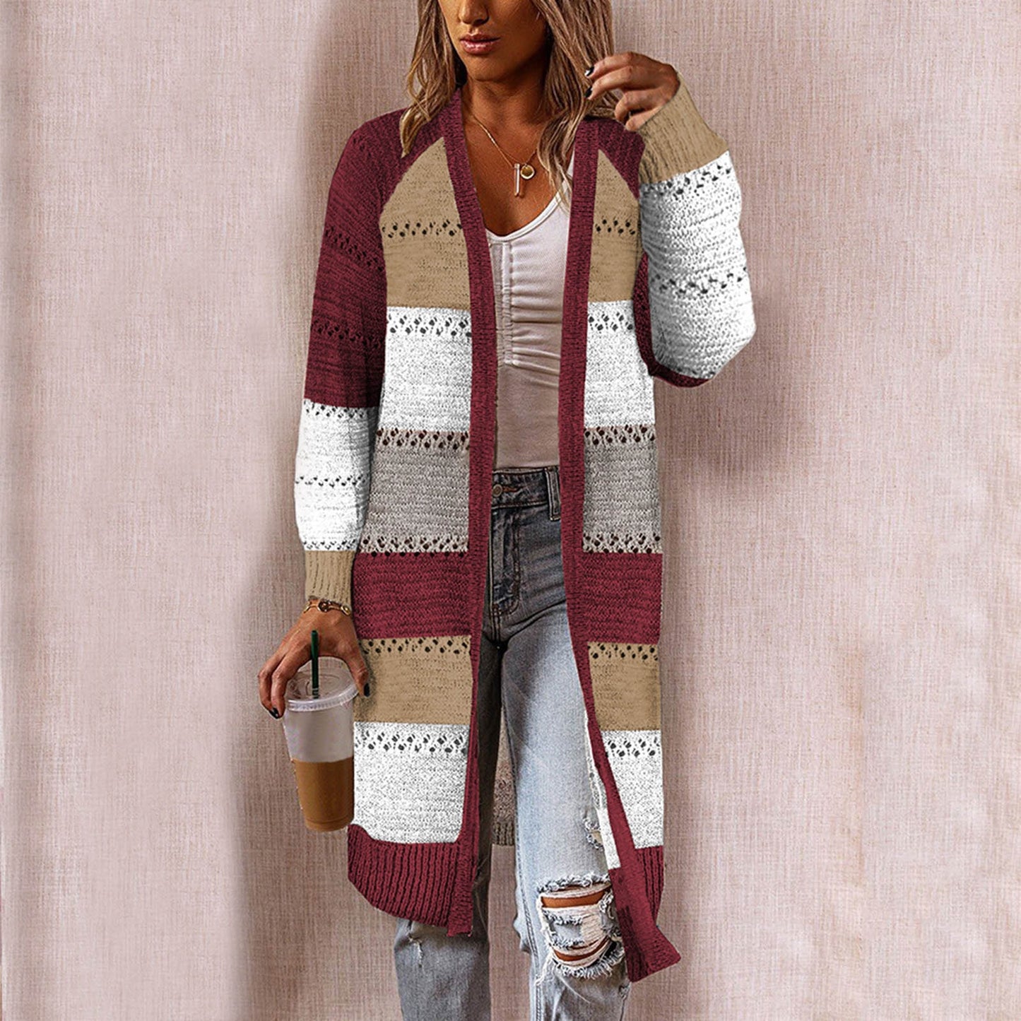 Women Cardigan Comfy Stylish Stitching Long Sleeve Striped Patchwork Sweater Female Casual Long Cardigan Autumn Winter Tops - FabFemina