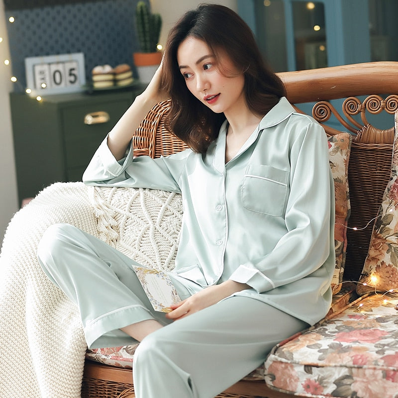 Summer Satin Pajamas Women Pyjamas PJ Set Home Clothes Long Sleeve Sleepwear Suit Pink Night Wear Ice-Silk White Pijamas Femme - FabFemina