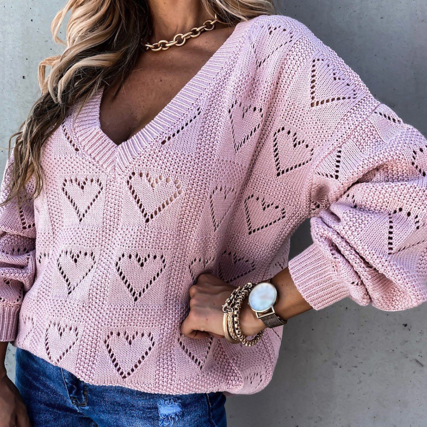 Women Autumn Winter Love Heart Hollow Crochet Sweater Loose V Neck Long Sleeve Casual Knitwear Jumper Rose Red/Pink/Khaki/White - FabFemina
