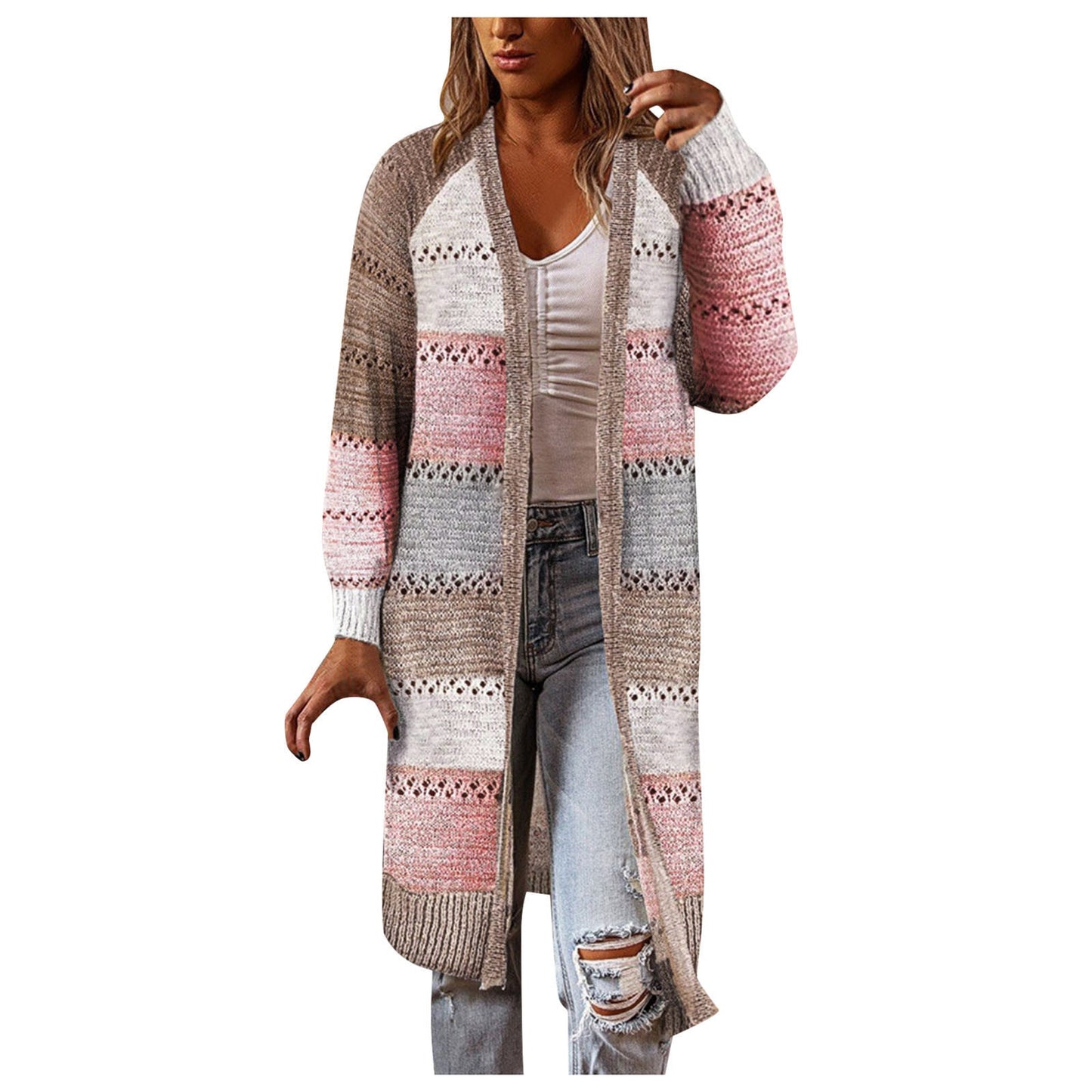 Women Cardigan Comfy Stylish Stitching Long Sleeve Striped Patchwork Sweater Female Casual Long Cardigan Autumn Winter Tops - FabFemina