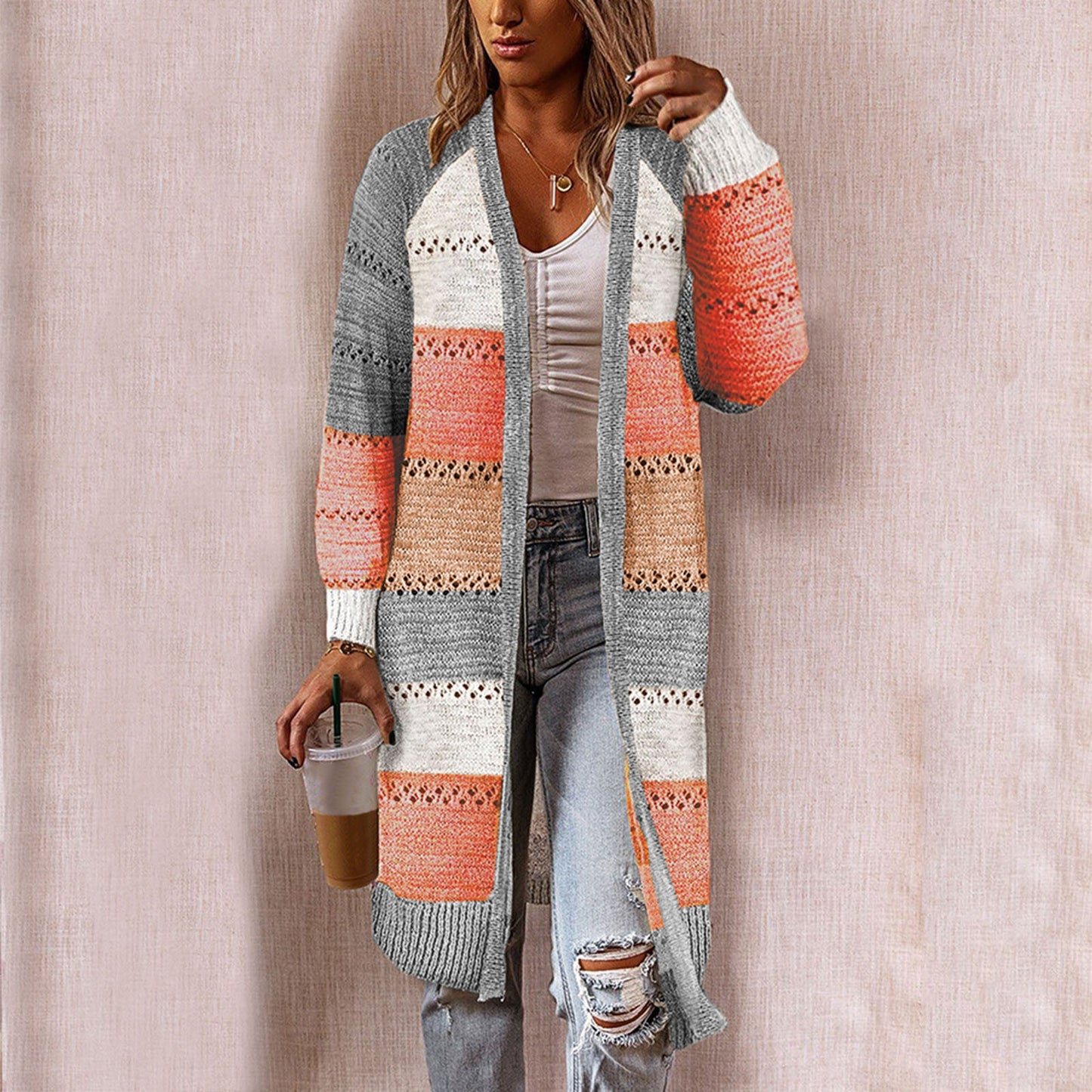 Women Cardigan Comfy Stylish Stitching Long Sleeve Striped Patchwork Sweater Female Casual Long Cardigan Autumn Winter Tops - FabFemina