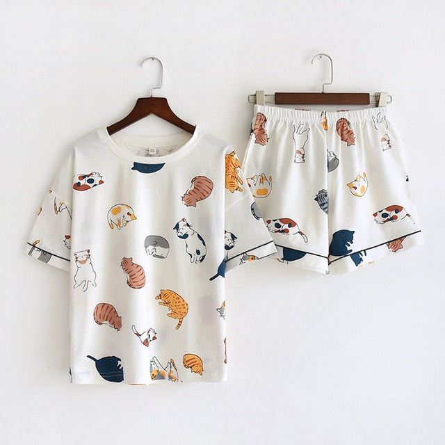 Short Sleeve Pajama Shorts Suit New Summer Cartoon Cotton Loungewear Home Suit Female Sleepwear Cat Pint Pajamas Homewear - FabFemina