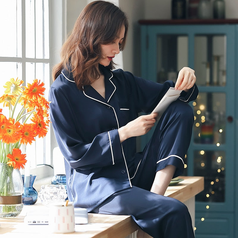 Summer Satin Pajamas Women Pyjamas PJ Set Home Clothes Long Sleeve Sleepwear Suit Pink Night Wear Ice-Silk White Pijamas Femme - FabFemina