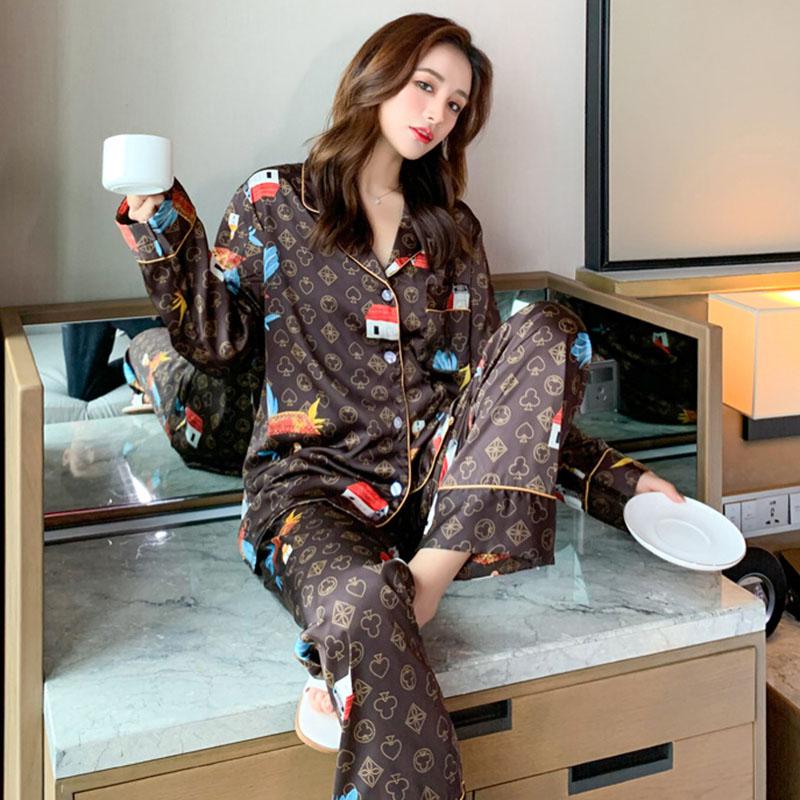 Pajamas Suit Women Satin Print Nightwear Casual 2PCS Pyjamas Set Sleepwear V-Neck Intimate Lingerie Nightgown Comfy Home Wear - FabFemina