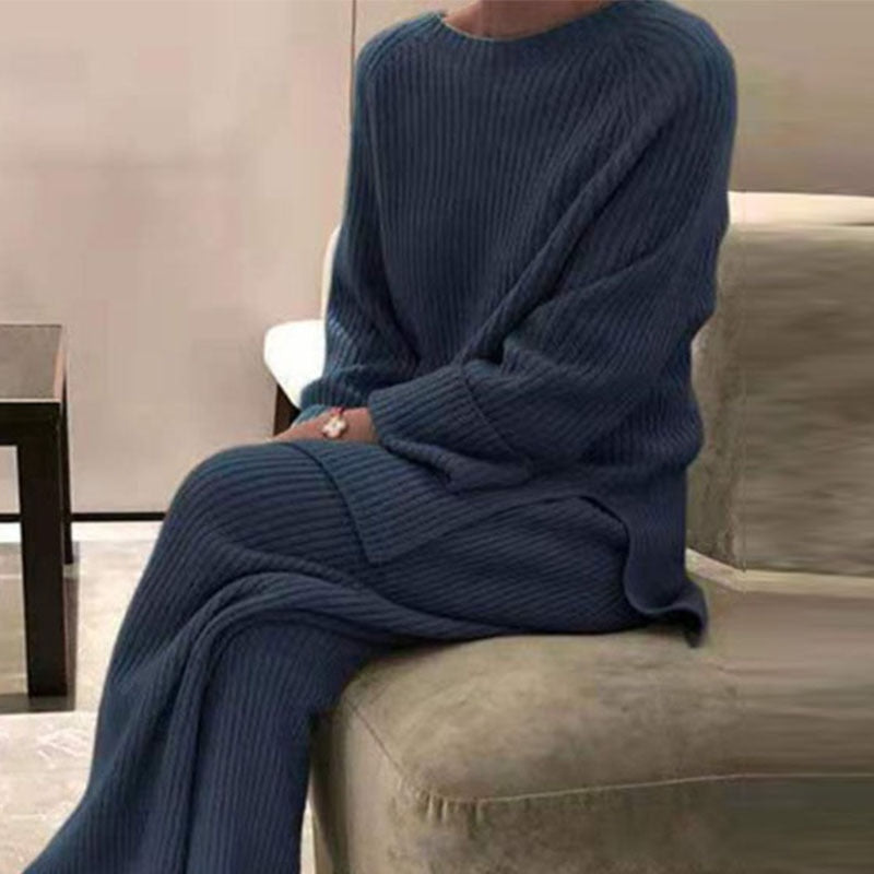 Elegant Casual Soft O-Neck Pullover Tops Wide Legs Two Piece Set - FabFemina