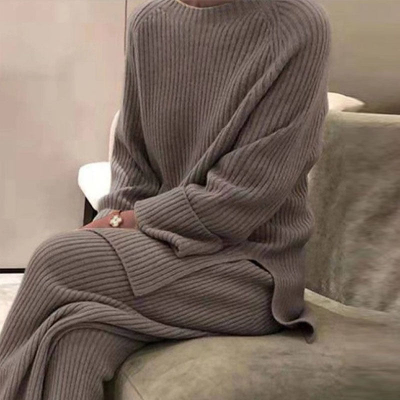 Elegant Casual Soft O-Neck Pullover Tops Wide Legs Two Piece Set - FabFemina