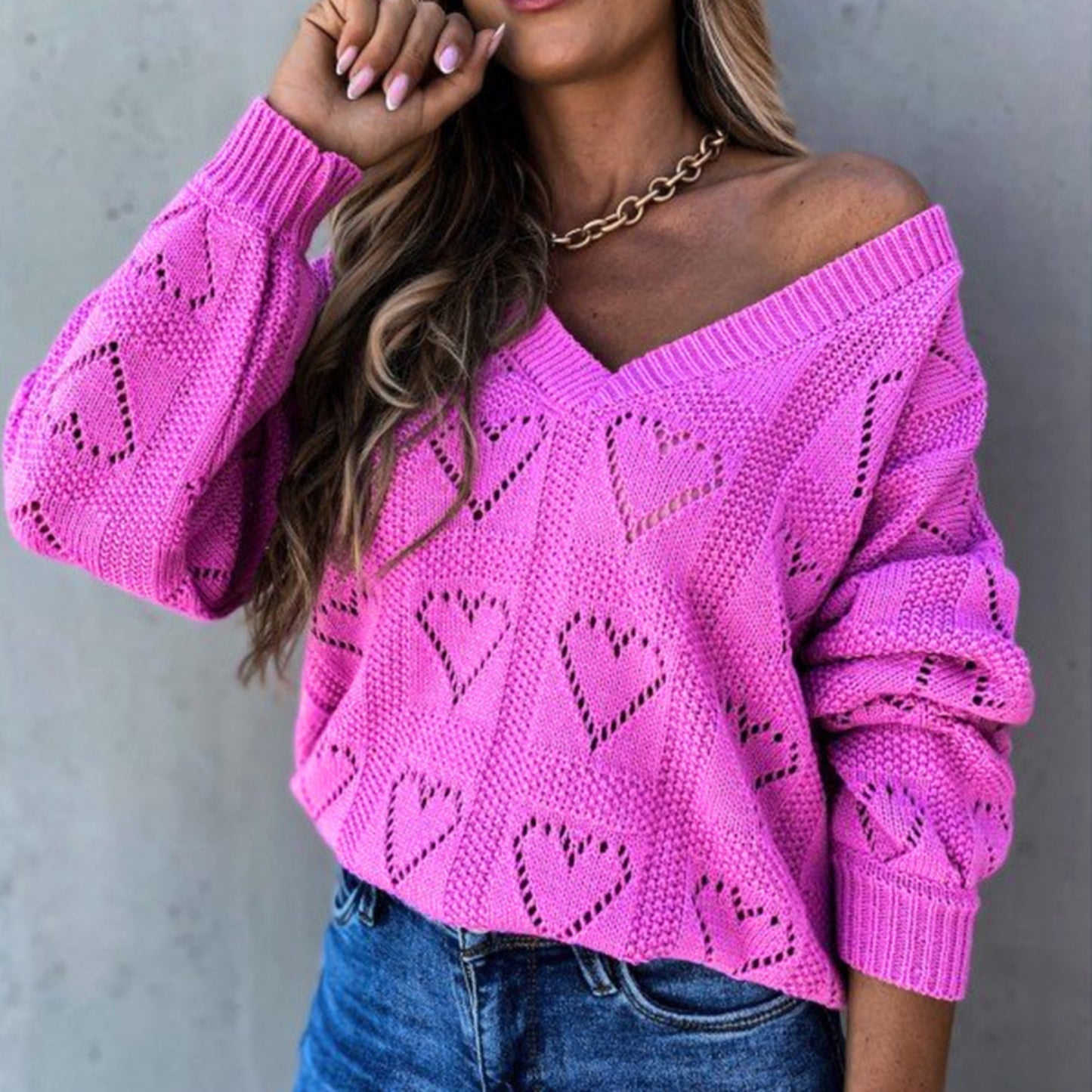Women Autumn Winter Love Heart Hollow Crochet Sweater Loose V Neck Long Sleeve Casual Knitwear Jumper Rose Red/Pink/Khaki/White - FabFemina