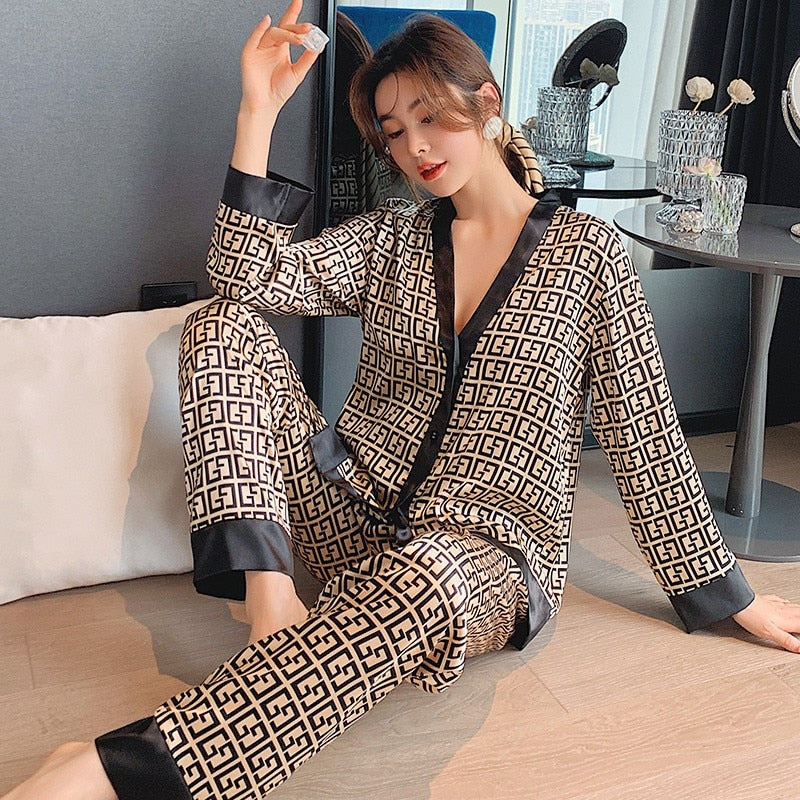 Pajamas Suit Women Satin Print Nightwear Casual 2PCS Pyjamas Set Sleepwear V-Neck Intimate Lingerie Nightgown Comfy Home Wear - FabFemina