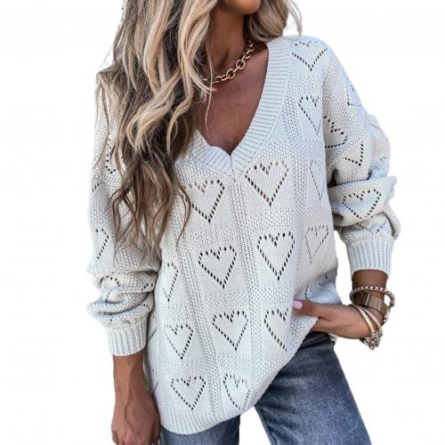 Women Autumn Winter Love Heart Hollow Crochet Sweater Loose V Neck Long Sleeve Casual Knitwear Jumper Rose Red/Pink/Khaki/White - FabFemina