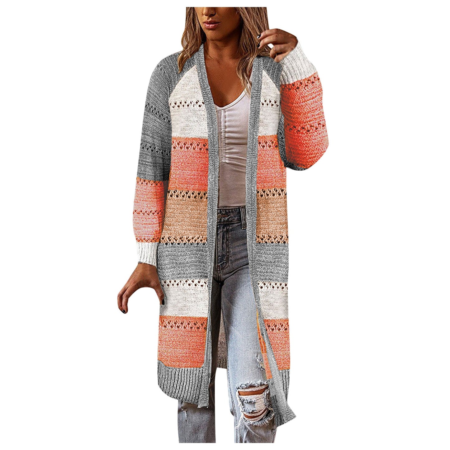 Women Cardigan Comfy Stylish Stitching Long Sleeve Striped Patchwork Sweater Female Casual Long Cardigan Autumn Winter Tops - FabFemina