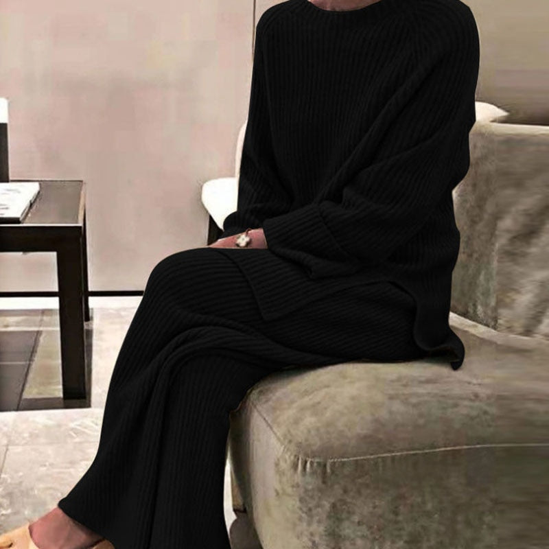 Elegant Casual Soft O-Neck Pullover Tops Wide Legs Two Piece Set - FabFemina