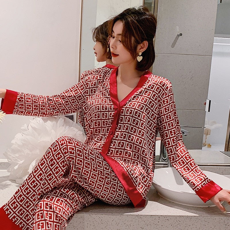 Pajamas Suit Women Satin Print Nightwear Casual 2PCS Pyjamas Set Sleepwear V-Neck Intimate Lingerie Nightgown Comfy Home Wear - FabFemina