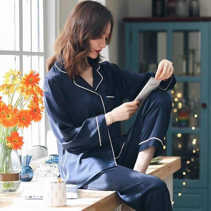 Summer Satin Pajamas Women Pyjamas PJ Set Home Clothes Long Sleeve Sleepwear Suit Pink Night Wear Ice-Silk White Pijamas Femme - FabFemina
