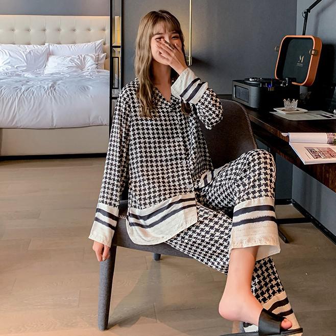 Pajamas Suit Women Satin Print Nightwear Casual 2PCS Pyjamas Set Sleepwear V-Neck Intimate Lingerie Nightgown Comfy Home Wear - FabFemina