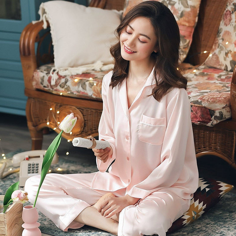 Summer Satin Pajamas Women Pyjamas PJ Set Home Clothes Long Sleeve Sleepwear Suit Pink Night Wear Ice-Silk White Pijamas Femme - FabFemina