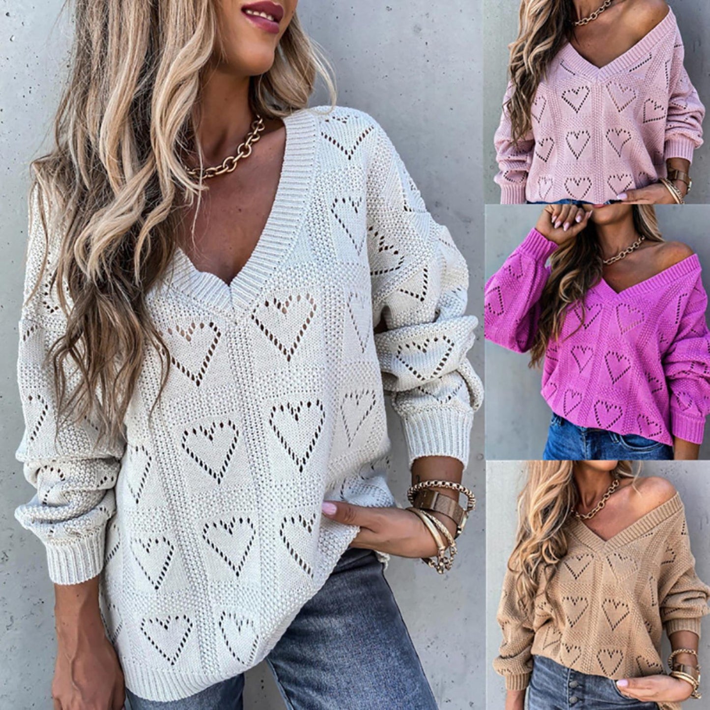 Women Autumn Winter Love Heart Hollow Crochet Sweater Loose V Neck Long Sleeve Casual Knitwear Jumper Rose Red/Pink/Khaki/White - FabFemina