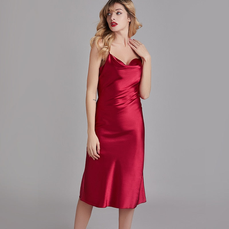 Silky Lady Nightdress Satin Spaghetti Strap Nightgown Intimate Lingerie Summer New Sleepwear White Nightwear Home Dressing Gown - FabFemina