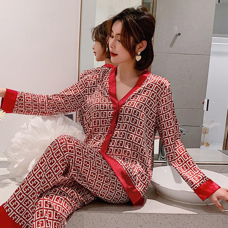 Pajamas Suit Women Satin Print Nightwear Casual 2PCS Pyjamas Set Sleepwear V-Neck Intimate Lingerie Nightgown Comfy Home Wear - FabFemina