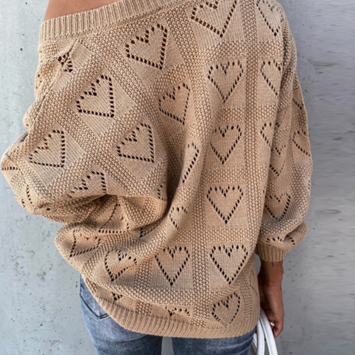 Women Autumn Winter Love Heart Hollow Crochet Sweater Loose V Neck Long Sleeve Casual Knitwear Jumper Rose Red/Pink/Khaki/White - FabFemina