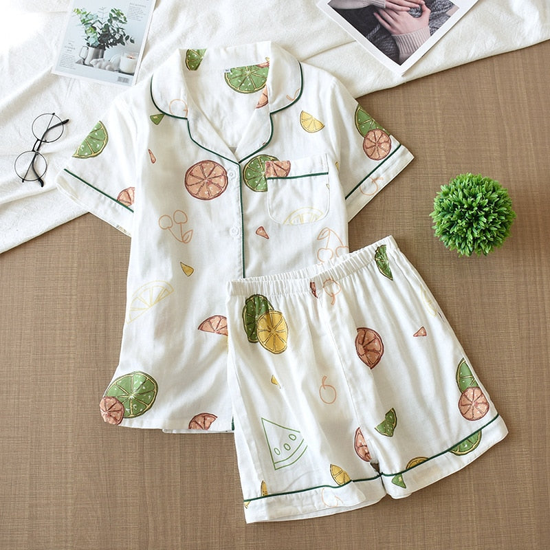 Cute cartoon print cotton short pajamas set - FabFemina