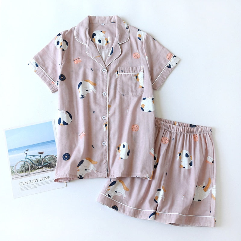 Cute cartoon print cotton short pajamas set - FabFemina