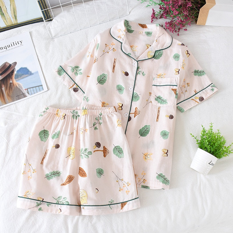 Cute cartoon print cotton short pajamas set - FabFemina