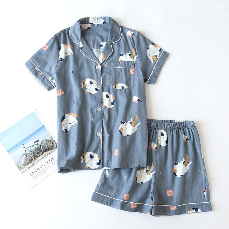 Cute cartoon print cotton short pajamas set - FabFemina
